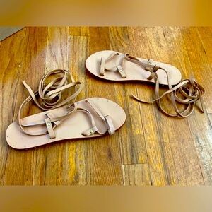 Beek Seriema Leather Ankle Wrap Tan Sandals Minimalist Crisscross Design